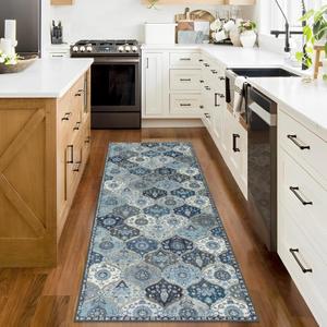2x6 Kitchen Runner Rugs Non Skid Washable, Moroccan Trellis Rug for Hallways, Soft Low Pile Carpet Floor for Entryway Bedroom Bathroom Laundry (Blue)