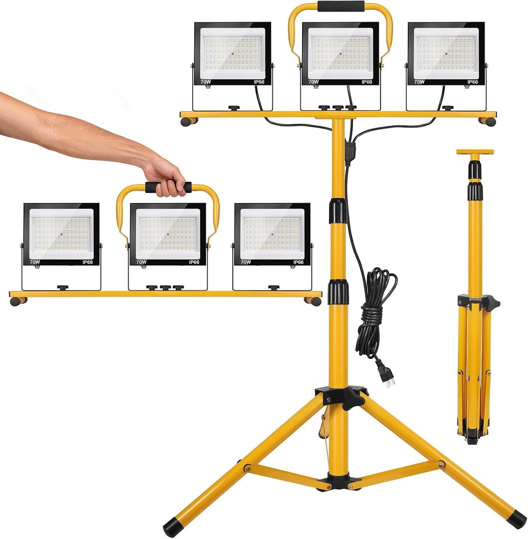 21000Lumen LED Work Lights with Stand, 3 Head Portable Work Light with 16ft Cord, Ip66 Waterproof Tripod Outdoor Work Light for Job Site Workshop Garage Construction Lights