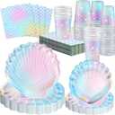 200 Pcs Mermaid Party Supplies 100 Pcs 7 Inch 9 Inch Disposable Paper Seashell Plates, 50 Napkins and 50 Cups Mermaid Dinnerware Set for Birthday Baby Shower Wedding Ocean Party Decoration