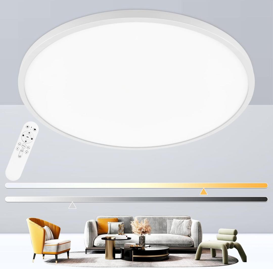 20 Inch Large Flush Mount Ceiling Light Fixture, Dimmable with Remote Control, White, Ultra Thin, 48W 4800Lumen, for Bedroom, Living Room, Kitchen, Dining Room, Home Office, 19.7 inch