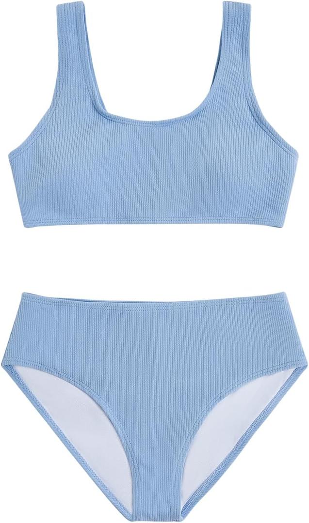 Milumia Girl's 2 Piece Bathing Suit Solid Sport High Waist Bikini Set Swimsuit (10 Years, Light Blue)