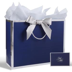 Plauthus Blue Gift Bag with Ribbon, 13" Large Gift Bag with Handle, Greeting Card & 2 Tissue PaperSilver Foil Frame Birthdays, Graduation, Father's Day, Retirements, Anniversaries, Any Occasion