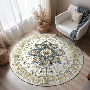 BESTSWEETIE 4ft Area Rug Washable Rugs for Living Room, No Pile Boho Carpet for Entryway Bedroom Dinning Room, Vintage Carpet Print Distressed Non-Slip, 48" Round, Grey Brown