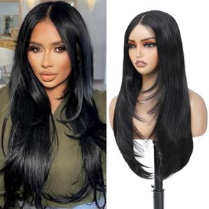 Synthetic Lace Front Wig, Pre Cut Lace Glueless, HD Lace, 13x4x1 Inch, Black, Layered, 26 Inch, Straight, Glueless Wig for Black Women (1B#)