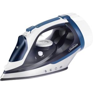 Sunbeam 1700W Steam Iron, 8' Retractable Cord, Variable Temperature Select, Non-Stick Soleplate, Dual Spray Mist, Horizontal or Vertical Shot of Steam Feature, 3-Way Auto-Off, Blue and White (One Size)