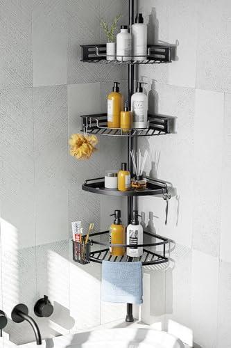 HAMITOR Corner Shower Caddy Tension Pole: Quick Installation 4-Tier Rustproof Bathroom Organizer Shelves for Bathtub Shampoo Storage - 47-121 inch Adjustable Floor Standing Bath Rack Holder - Brown