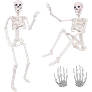 2 Pack 36"Halloween Skeleton with 1 Pair Realistic Plastic Skeleton Hands,Life Size Human Skeleton with Full Body Posable Joints for Halloween Decor Yard Patio Lawn Garden Spooky Party Decoration