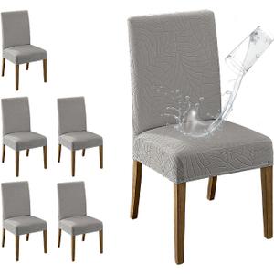 MOSAYT 100% Waterproof Dining Room Chair Covers Set of 6, Super Fit Stretch Jacquard Parson Chairs Slipcovers Removable Washable Chair Seat Protectors for Home, Kitchen, Banquet (Light Grey - XL)