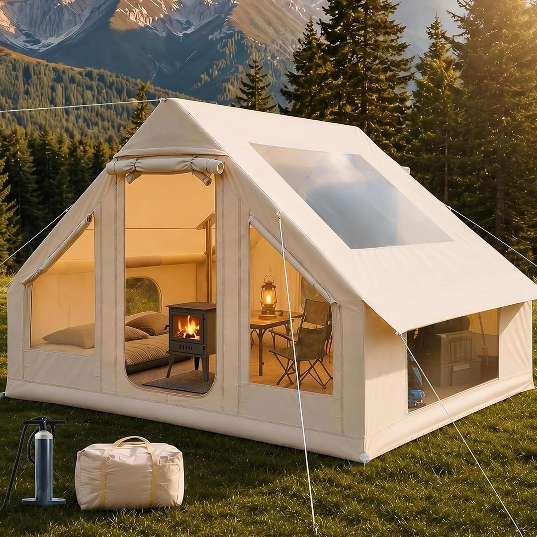 Inflatable Camping Tent for 4-6 People, 5-Minute Easy Setup with Spacious Skylight & Stove Jack, Double Doors, Waterproof 420D Oxford Fabric - Family Camping, Glamping & 4-Season Outdoor Use