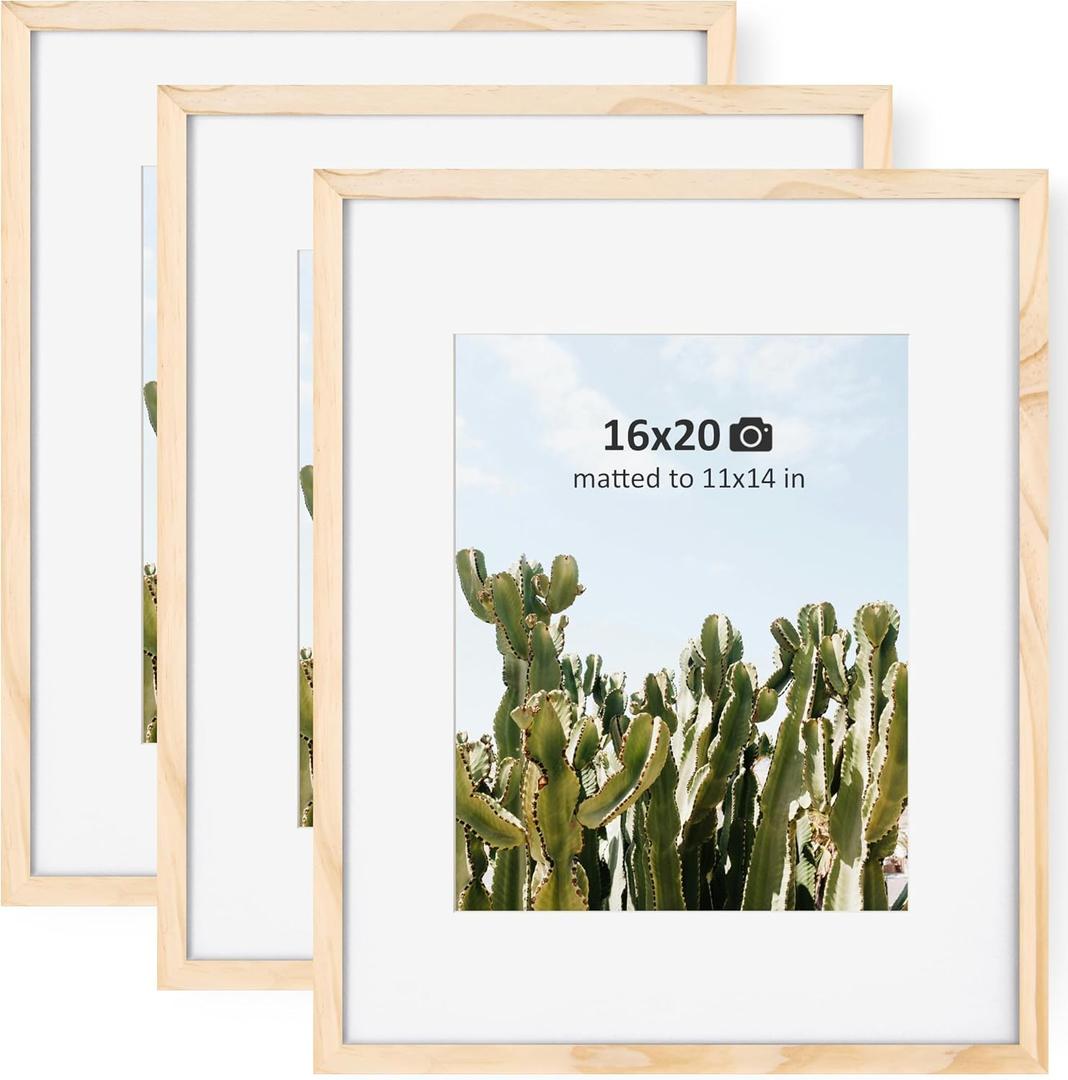 3 Pack 16 x 20 Picture Frame | Natural Wood 16x20 Frame Unfinished | 20x16 Picture Frame Matted to 11x14 | Plexiglass | Wall Mount Display Horizontally or Vertically - Unfinished (16x20-3P)