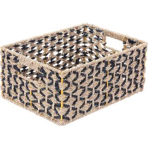 Rectangle Hand Weaved Wicker Baskets made of Water Hyacinth | Nesting Black and Natural Seagrass Bins | Set of 2