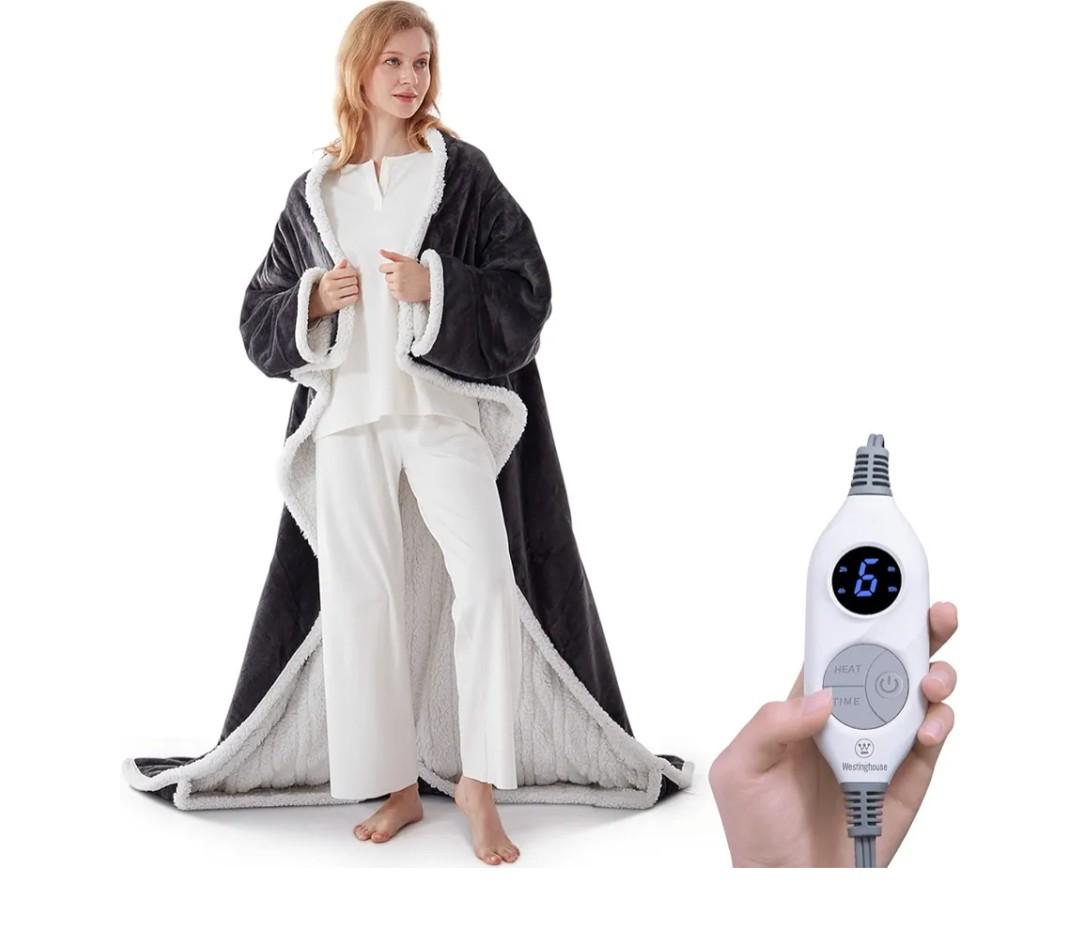Westinghouse Electric Snuggle Throw Blankets with Foot Pocket, Wearable Heated Blanket with Sleeves, 6 Heating Levels & 2 to 10 Hours Heating Time Settings, 50 * 70"+18", Grey