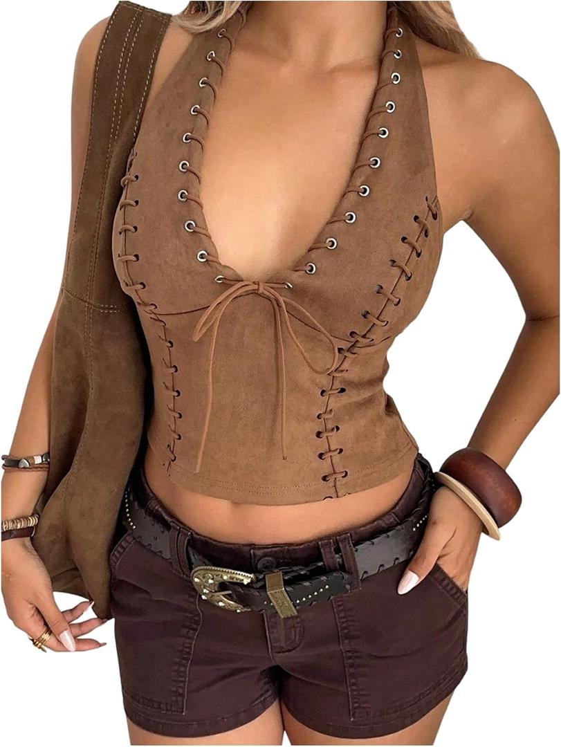 SHENHE Women's Y2k Western Cowgirl Top Deep V Backless Faux Suede Hippie 70s Halter Crop Top (Medium, Brown)