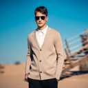 New Sweater V-Neck Solid Color Cardigan Sweater Men's Lazy Style Jacket Clip (Beige, L)