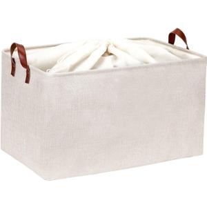 DULLEMELO Large Beige Storage Basket 70L Oversized Canvas Fabric Storage Bin, Collapsible Rectangular Toys Basket Organizer with Handles, 22X15 Storage Container for Clothes, Blankets, Pillows