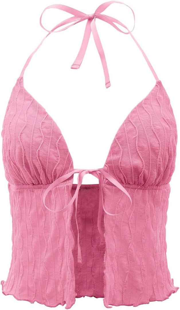 Women's Mesh Backless Halter Top Sleeveless Lettuce Trim Summer Crop Tops Y2K Shirts (Pink), M