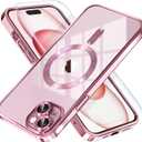 Misea Magnetic for iPhone 15 Plus Case Compatible with MagSafe [Never Yellowing] [Military Grade Drop Protection] Full Camera Lens Protector Plating Soft Clear Phone Case for Women, Pink