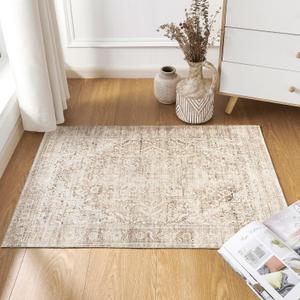 BILEEHOME Boho Kitchen Rug Washable,2x3 Non Slip Farmhouse Neutral Small Area Rug for Bathroom Bedroom Indoor Entrway Ultra Thin Fit Under Door,Tan Brown