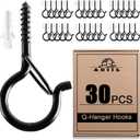 ADIIL 30 PCS Q Hanger Hooks with Safety Buckle, Windproof Screw Hooks for Hanging Outdoor String Lights, Plants, Christmas Patio Lights, 2.2 Inches, Black