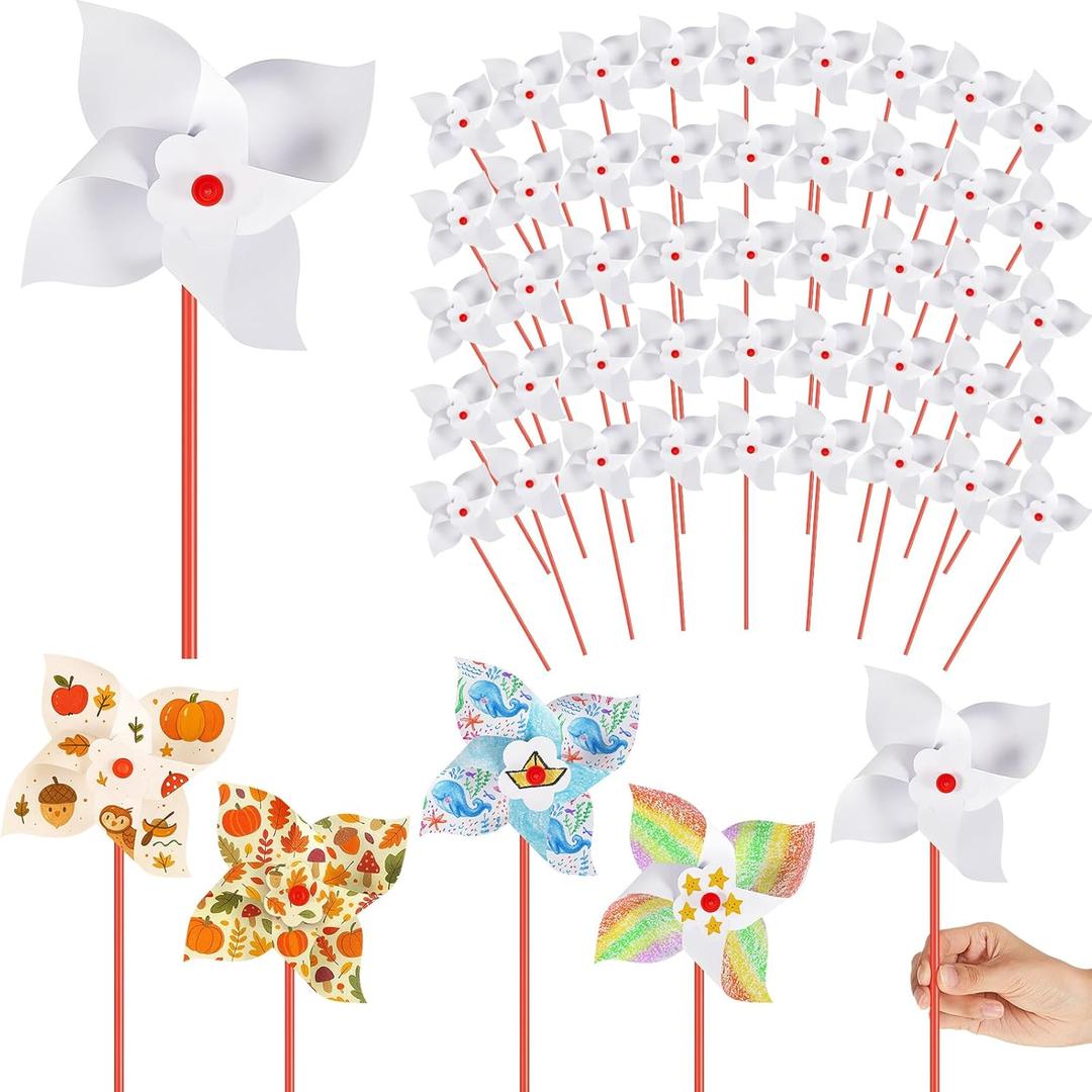 200 Pcs DIY Paper Pinwheels for Kids Bulk Fall Summer Craft Kits White Blank Paper Pinwheels for Girl Boy School Group Activities Daycare Home Graffiti Art Craft Party Halloween Christmas (5.12 Inch)