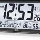 WallarGe Atomic Wall Clock with Backlight, Digital Wall Clock Battery Operated for Classroom, Bedroom, Office, Large Display with Indoor Temperature, Humidity, Date, AUTO DST, 6 Time Zones (Black)