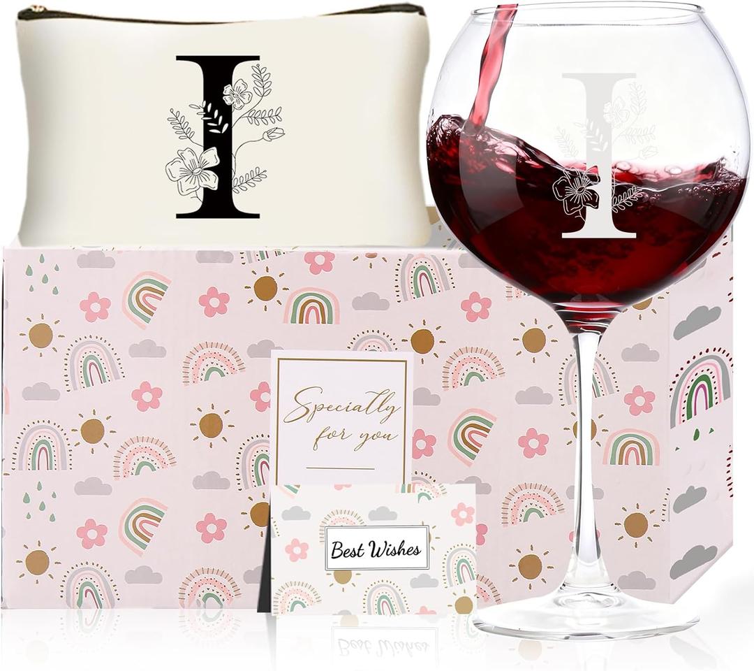 Monogrammed Wine Glasses with Makeup Bag Birthday Gift Set for women | Personalized letter design Unique Christmas Wedding White Elephant Gifts for Mom Dad Sister Teacher Wife Husband,I