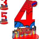 Spider 4th Birthday Number Sign Centerpiece, Spider Theme 4th Number Stand Sign, Wooden Table Decoration Photo Props for Spider 4th Birthday Decorations