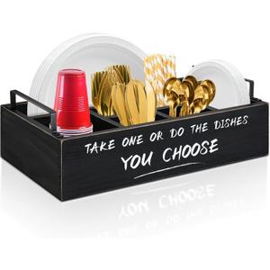 Ameuphercy Wood Paper Plate Dispenser, Paper Plate Holder with Large Cup Holder for Kitchen Counter, Rustic Silverware Utensil Caddy with Large Cup Holder, Utensil Holder for Kitchen Accessories (Black)