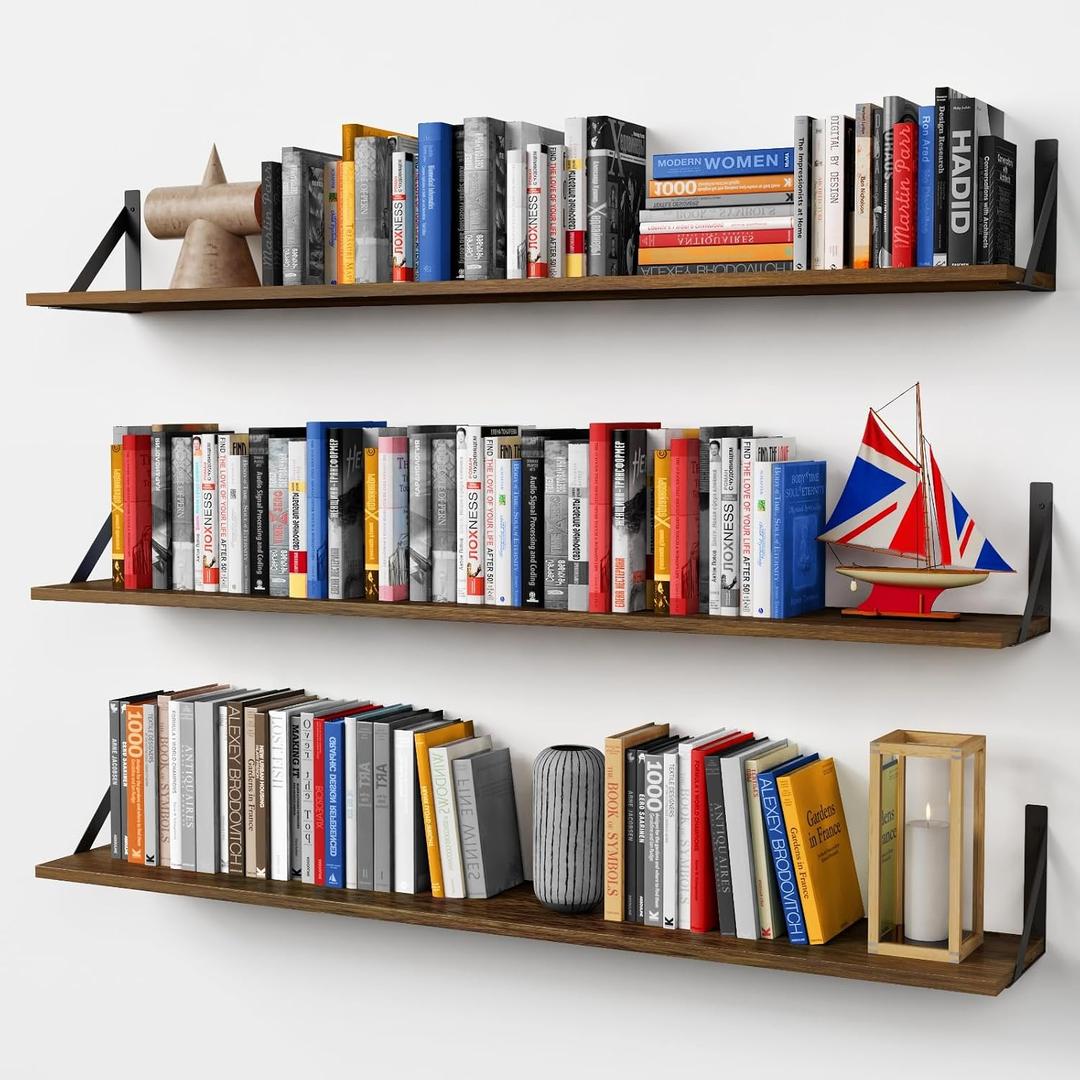 Forbena 48 Inch Floating Shelves for Wall Long Set of 3, Large Wooden Wall Bookshelf for Bedroom Books, Rustic Wood Hanging Bookshelves for Living Room Laundry Closet Kitchen Storage (Dark Brown)