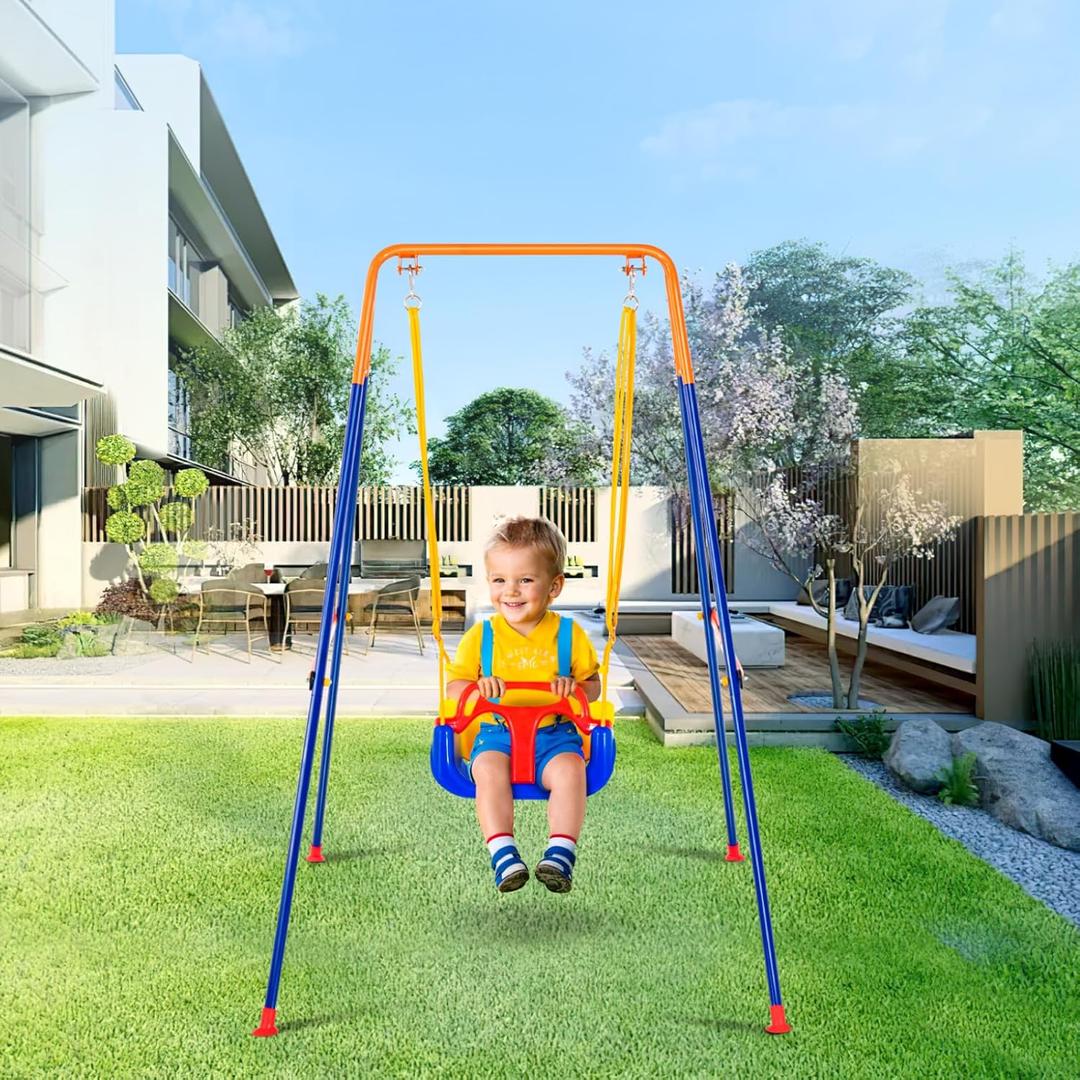 VEVOR Swing Sets for Backyard, 3-in-1 Toddler Swing Set with 4 Sandbags, Easy to Assemble, Foldable Metal Stand, Swingset Indoor/Outdoor for Kids Aged 3+