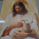 KYHDCJUB Jesus and Lamb Wall Art Jesus Saves the Lost Lamb Painting Christian Picture Wall Decor God Embraces Sheep Picture Prints Artwork for Living Room Bedroom Church 16x24 Inch Ready to Hang