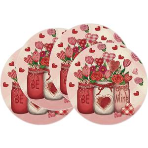 XCHI Roses Flowers Love Hearts Vase Valentines Day Round Placemats Set of 4 Table Mats for Party Home Kitchen Dining Table Decorations 14x14 Inch