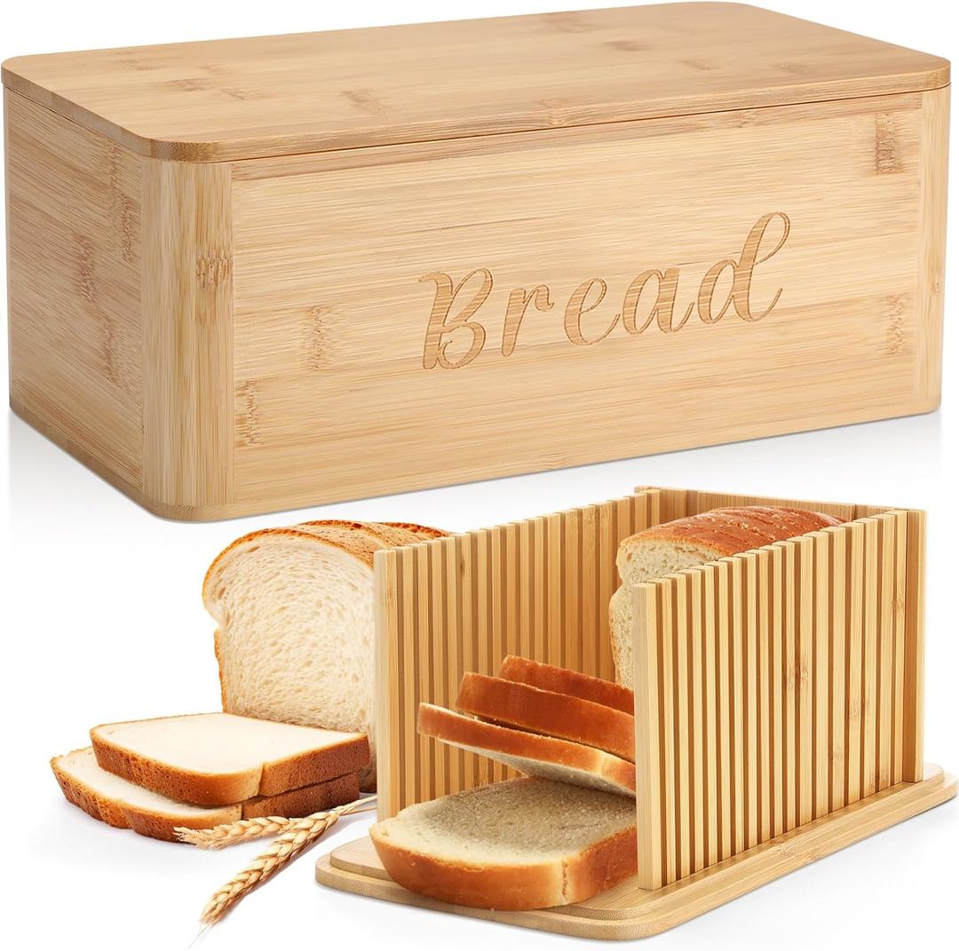 Bread Box with Bread Slicer Storage Container for Kitchen Countertop Food Storage with Multifunction Bamboo Lid, 3 in 1 Breadbox Removable Cut Board for Loaf Slicing (Wood Color,Wooden, Bamboo)