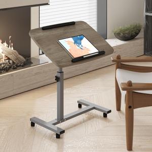 LINGMI Laptop Table Mobile Adjustable Height Portable Desk Notebook Swivel PC Computer Rolling Desk with Wheels, Laptop Stand for Couch Bedside Hospital Bed Table (Oak Grey)