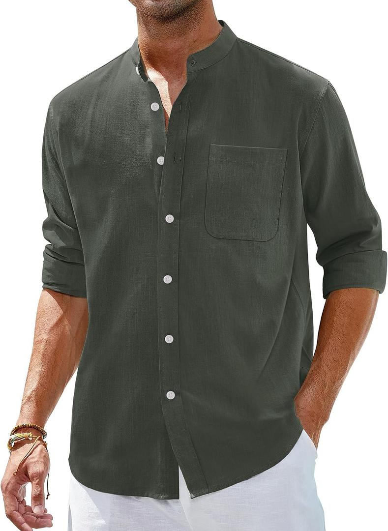 Alimens & Gentle Men's Cotton Linen Shirts Long Sleeve Button Down Shirt Band Collar Beach Shirts (Green, XXL)