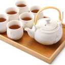 Dujust Japanese Tea Set, White Porcelain Tea Set with 1 Teapot Set, 6 Tea Cups, 1 Tea Tray, 1 Stainless Infuser, Cute Asian Tea Sets for Adults/Tea Lover/Women/Men (Plum in Golden)