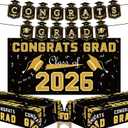 Graduation Decorations 2026 2027 - Black Gold Congrats Grad Banner Backdrop Tablecloth Set - Graduation Decorations Class of 2026 | Graduation Party Favors Supplies