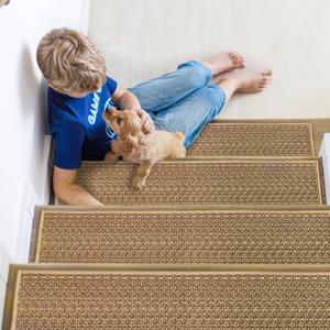Braided Stair Treads Faux Jute,Non-Slip Stair Runners for Wooden Steps,Indoor,Farmhouse,15PCS 30"x8",Neutral Peel and Stick Stairs Carpet for Kids,Elders and Dogs,Stair Covers,Tan Brown