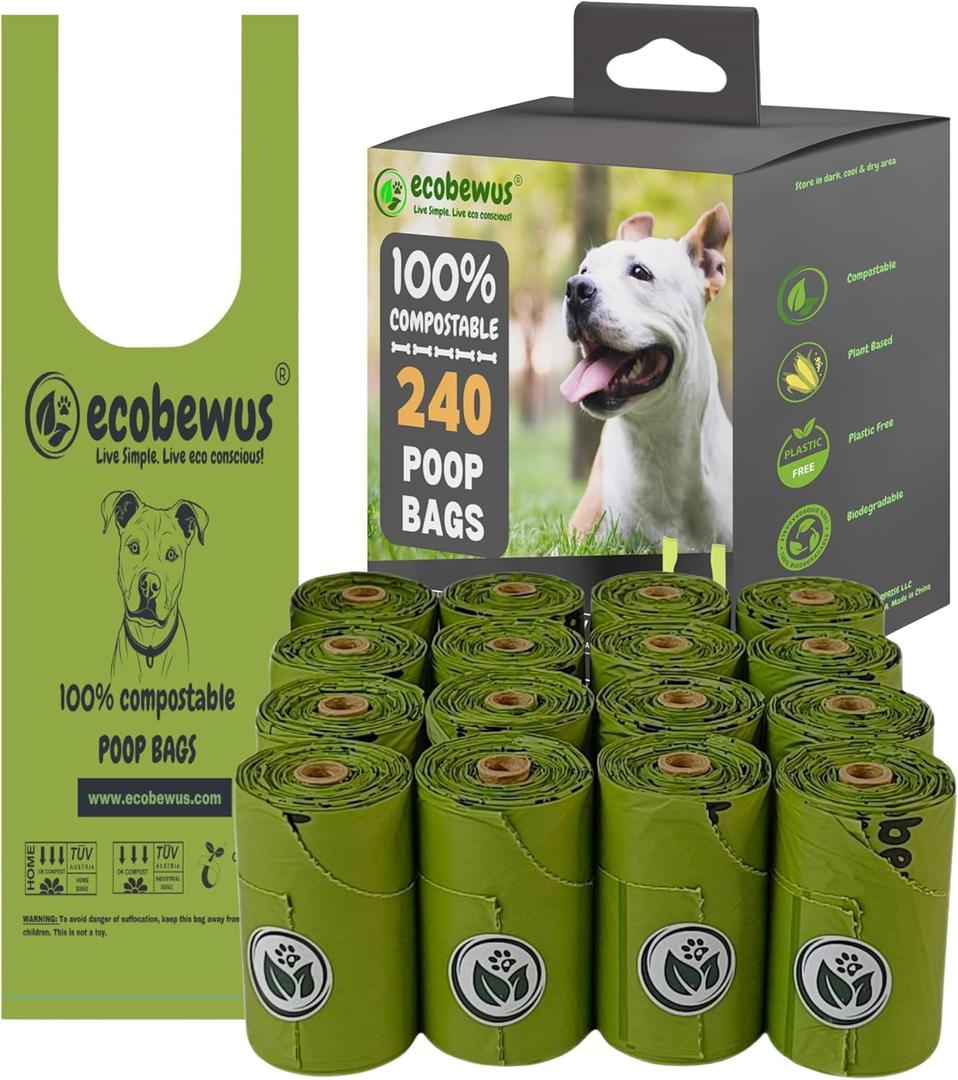 100% Compostable Handle-Tie Doggy Poop Bags (240 Bags) 16 Refill Rolls Biodegradable Plant Based ASTM D6400 & EN 13432 Compliant HOME Certiified Compostabel Pet Dog Waste Bags (240 ct.)