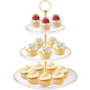 Hoedia 3 Tier Cupcake Stand Tower, Plastic White Cup Cake Holder for Dessert stands, Tiered Serving Tray for Tea Party, Birthday Party, Wedding Decor and Baby Shower(Round)