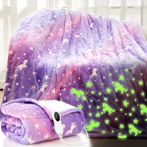 Kids Heated Blanket Glow in The Dark Children Heating Blanket Girls Boys Easter School Gift Electric with 10 Levels & 8 Hours Auto Off Etl Certified Machine Washable(50"x60",Purple,Unicorn)