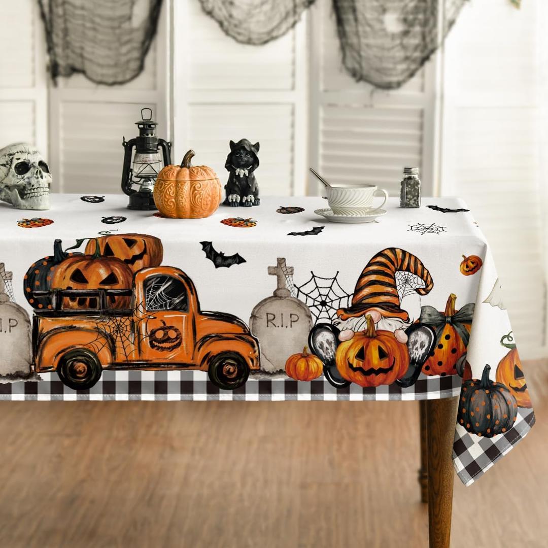 Horaldaily Halloween Tablecloth 60x84 Inch Rectangular, Ghost Pumpkin Washable Table Cover for Party Picnic Dinner Decor (Orange)