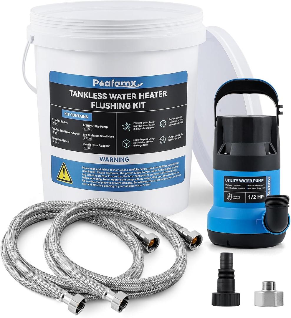 Poafamx Tankless Water Heater Flushing Kit, 1100GPH Submersible Utility Water Pump, 5.5 Gallon Pail with Screw Lid, Two 3/4"GHT x 6' Stainless Steel Hoses, Corrosion Resistant Flush Pump for Cleaning