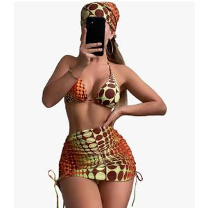 COZYEASE Women's 4 Piece Swimsuits Sexy Bikini Sets Triangle Bathing Suit with Mesh Cover Up Beach Skirt & Bandana,M