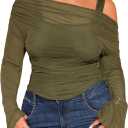 WDIRARA Women's Plus Size 2 in 1 Off Shoulder T Shirt Ruched Sheer Bell Long Sleeve Tee (4X-Large Plus, Green)