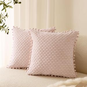 VOILYBIRD Blush Pink Corduroy Accent Pillow Covers 18x18 Inch, Boho Throw Pillows with Pompoms Decorative Pillow Covers for Sofa Couch Bedroom Living Room, Set of 2