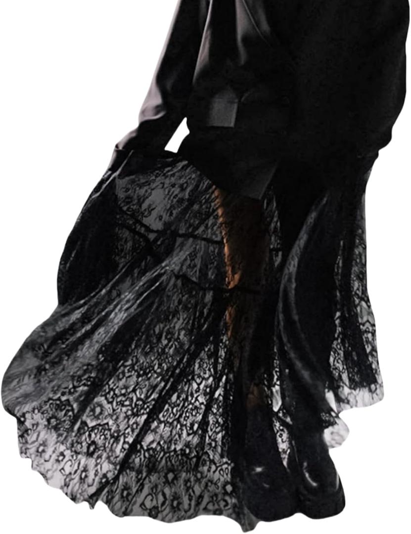 Perbai Women's Sexy Sheer Lace Skirt High Waisted Floral Embroidered Ruffled A Line Long Maxi Beach Skirts (Black, S)