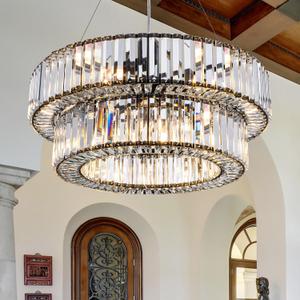 TOCHIC Black Crystal Chandeliers 9 Lights Modern Chandeliers for Dining Room, Vintage Light Fixture for Bedroom, Foyer, Entryway, High Ceiling Chandelier with 2 Tiers Crystal, 24" D