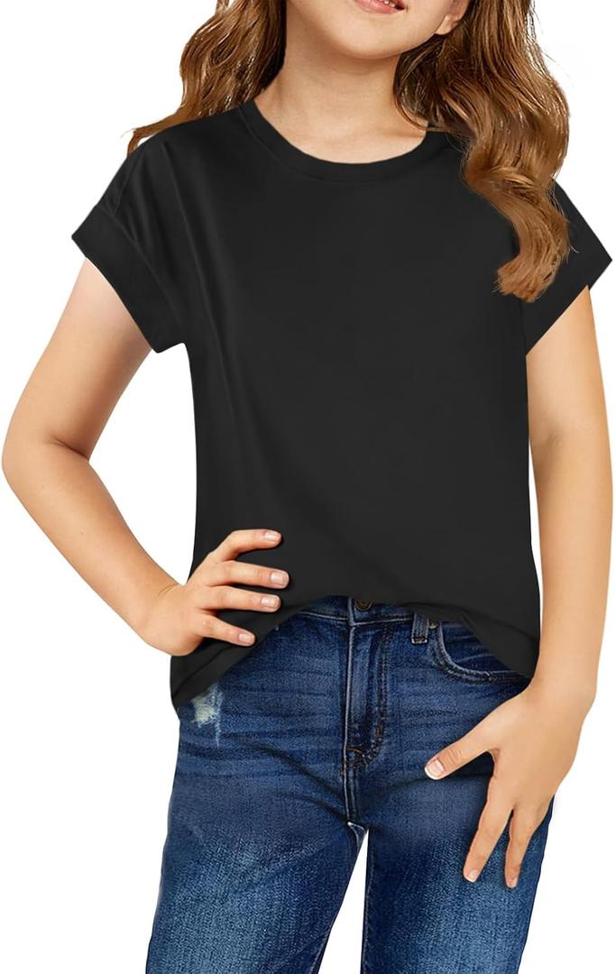 Haloumoning Girls Summer Cap Sleeve Shirts Kids Casual Cute Crewneck Tunic Tops Tees 5-14 Years (120, Black)