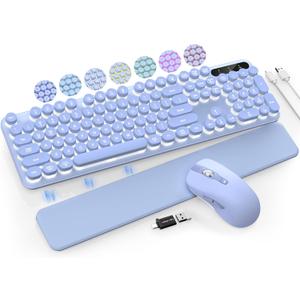 Wireless Keyboard and Mouse Backlit - Typewriter Keyboard with Retro Round Keycaps, Detachable Wrist Rest, Light Up Letters, 2.4G Rechargeable Combo for Mac, Windows, PC, Laptop, Trueque (Purple)